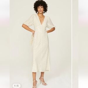 RIXO Cream Midi sequin Dress with V-Neck, Xs
